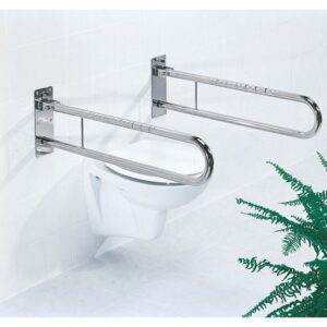 FRELU Stützklappgriff mit Fingergriffaussparungen, in 60, 70, 85cm Länge, wahlweise mit Toilettenpapierhalter (TP), Stützgriff wegklappbar, für Bad + WC, Stück