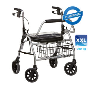 MIETEN = Rollator XXL 200, Sitzbreite 60cm, Alu-Leichtgewicht & modernes Design, Rückenbügel, Korb, Softsitz, bis 200 kg (Grundgebühr 49,-€, TAGESMIETE ab 1€)