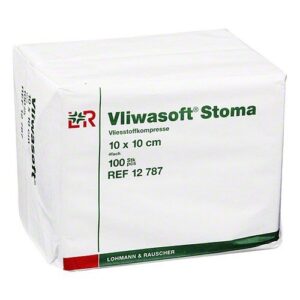 Lohmann Vliwasoft Stomakompresse, 10x10cm, 4-fach, saugstarke Kompresse zur Stomapflege, P=100 Stück, Nr. 12787, PZN02269284