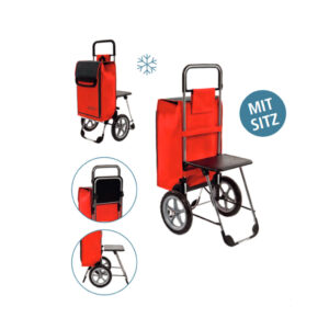 Einkaufshilfe mit Sitz und Kühlfach, Shopper Einkaufstrolley, rot, 65L (55 Tasche + 10 Kühlfach), belastbar 50kg, Gewicht 4,2kg