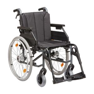 TomTar MR-LG-TB Alu-Leichtgewichtsrollstuhl, inkl. Feststellbremse + Trommelbremse Begleiter, Komfort Rückenpolster Velcro, bis 130kg