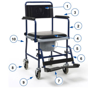 Vermeiren 139E Toilettenstuhl, blau, fahrbar, mit abklappbaren Armlehnen und Beinstützen, 4 Lenkräder, Sitzfläche gepolstert, Eimer Geruchsversiegelung, bis 120kg