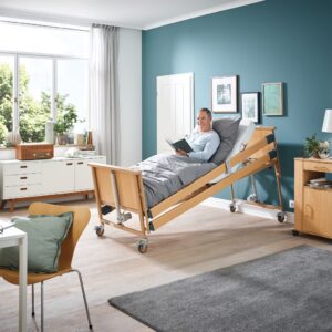 Burmeier Pflegebett Dali 100, 100cm Breite, mit Kabelbedienung, 24V, Holzumrandung, Holzliegefläche, bis 185kg Arbeitslast