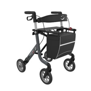 XEON ALU Rollator anthrazit, PUR Softbereifung, Rückengurt, nur 6kg, Click&Safe Faltung, Ankipphilfe, Stockhalter, bis 150kg